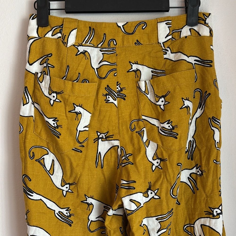 ModCloth Women’s cropped Mustard Cat novelty Print linen blend Pants size 2 EUC! - Picture 11 of 15